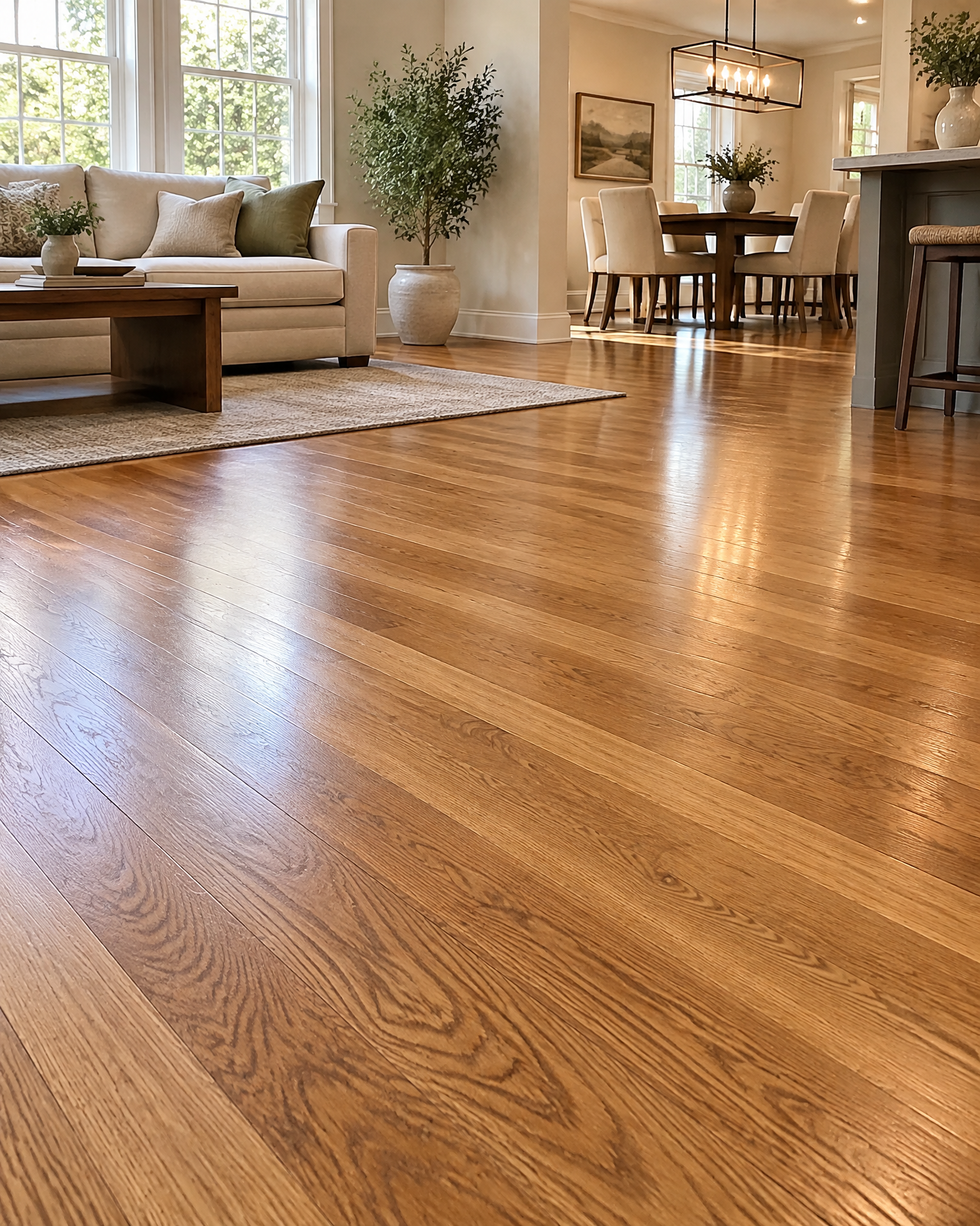 Freshly sanded and refinished hardwood floor with a smooth satin finish in a bright West Michigan living room